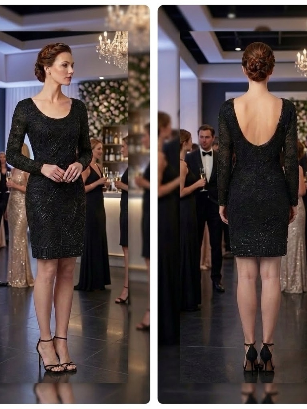 Vintage Oleg Cassini Black Silk and Sequin Dress Low Back formal gown dress